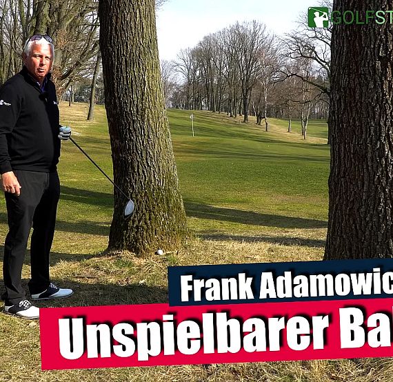 Golfer assessing a difficult shot near trees on a grassy golf course during a tutorial.