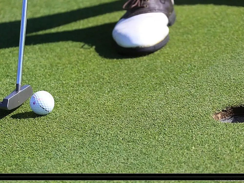Close-up of a golfer's putter and ball on a green, with the ball near a hole. A shoe is visible, indicating a motion to strike the ball.