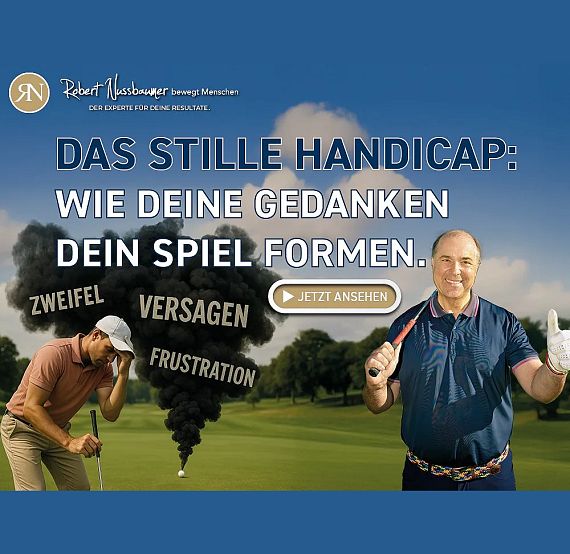 Werbung für ein Golf-Coaching. Ein Mann in einem Poloshirt hält einen Golfschläger. Im Hintergrund: ein frustrierter Golfer vor einer Rauchwolke.
