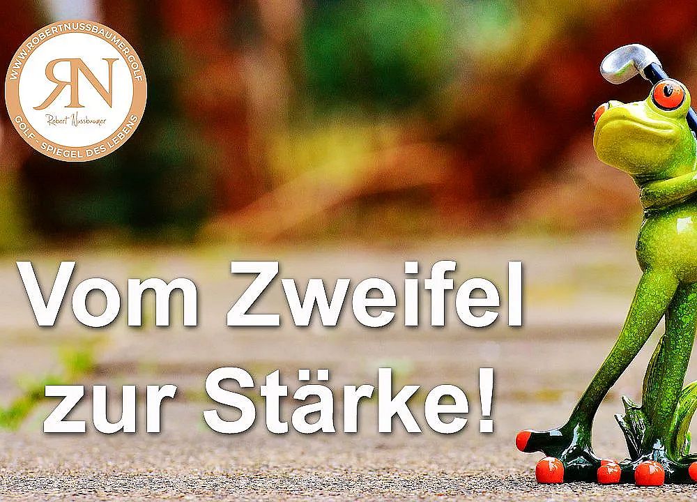 A frog on roller skates on a pathway, with a background of blurred greenery and the text 'Vom Zweifel zur Stärke!' emphasizing growth and strength.