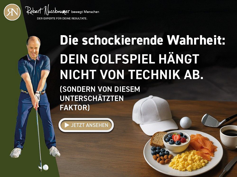 Werbung für Golf mit einem Mann, der einen Golfschlag zeigt. Daneben gesunde Mahlzeit mit Beeren, Hafer und Kaffee. Text über Golf und Technik.