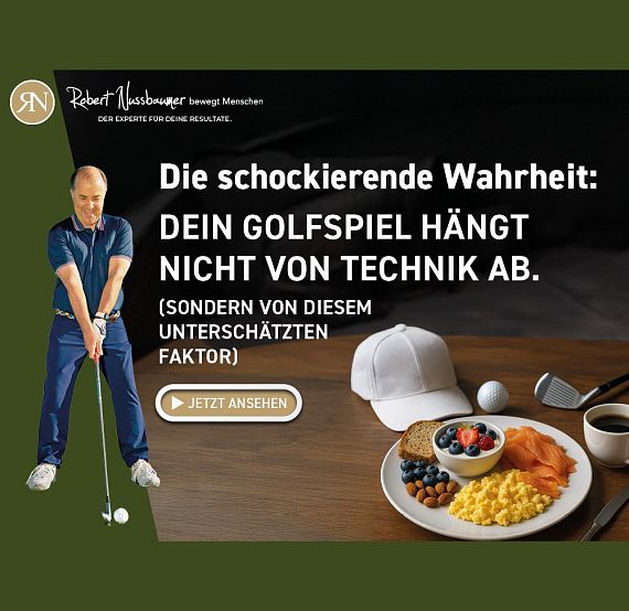 Werbung für Golf mit einem Mann, der einen Golfschlag zeigt. Daneben gesunde Mahlzeit mit Beeren, Hafer und Kaffee. Text über Golf und Technik.