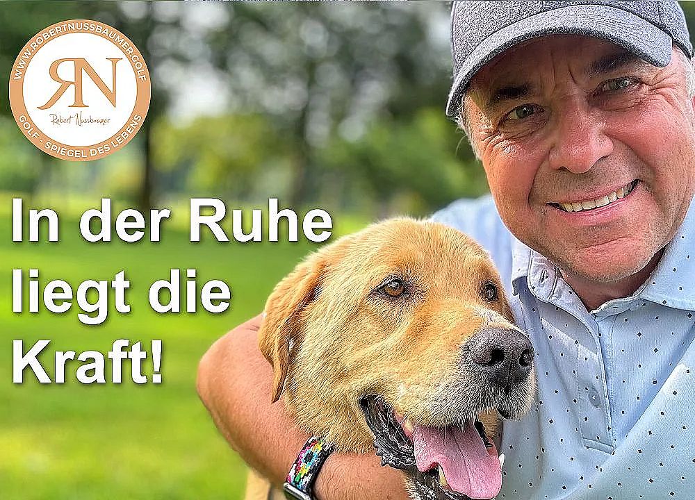 Ein Mann in einem Poloshirt und einer Baseballkappe lächelt und umarmt einen großen, freundlichen Hund in einem grünen Park.