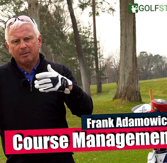 A person giving a golf lesson on course management in front of a green golf course with trees and a cloudy sky.