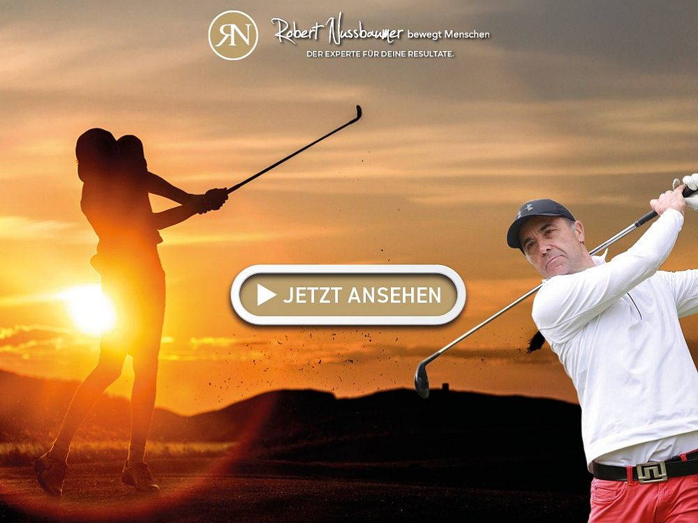 Ein Golfer schwingt seinen Schläger im Vordergrund, während im Hintergrund eine Person beim Golfschwung in der Abendsonne zu sehen ist. "Jetzt ansehen"-Button.