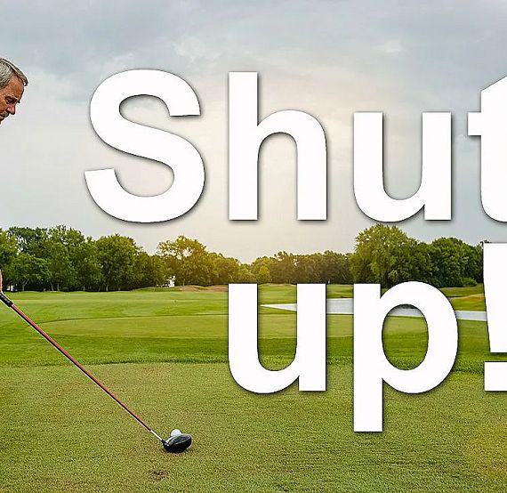 A golfer in blue shirt preparing to tee off on a golf course with large text 'Shut up!' overlaid. It's a sunny day with trees and a cloudy sky.