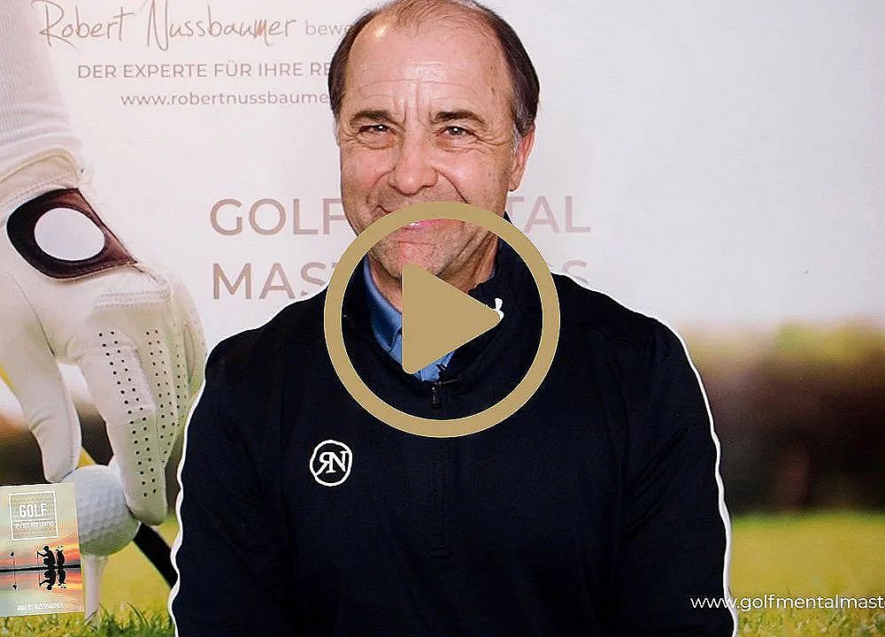 A man with a logo on his shirt smiles in front of a golf-themed backdrop. A play button icon is overlaid on the image.