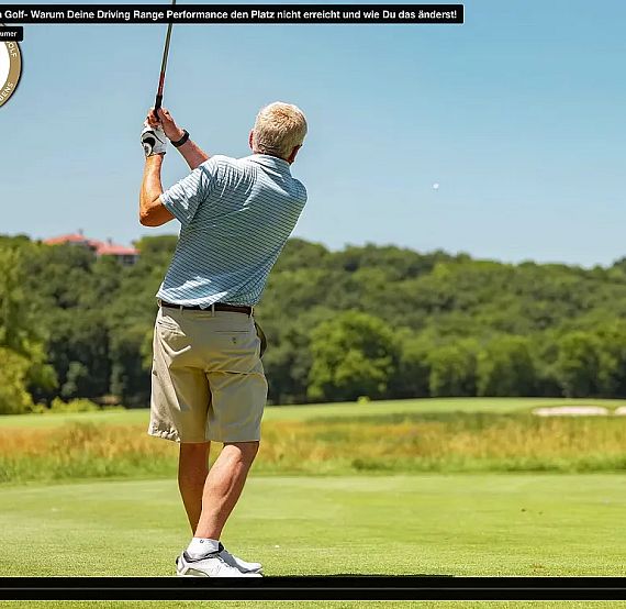Man in golf attire swings at a golf ball on a sunny day, surrounded by green grass and distant trees under a clear blue sky.