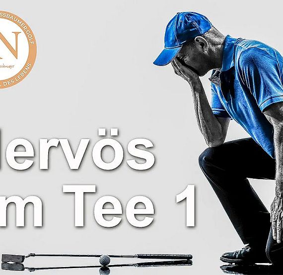 A golfer in blue kneels with his hand on his face, showing stress beside a golf ball and clubs. German text overlays the image.