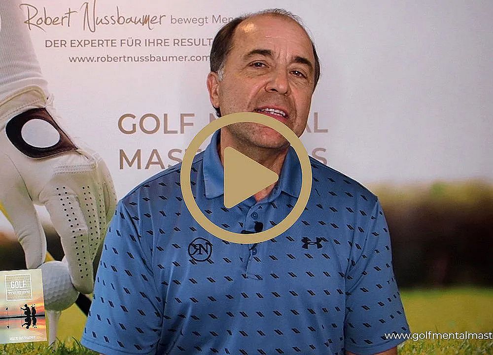 A man in a blue polo stands before a golf lesson banner, suggesting expertise and promotion of golf training and skill improvement.