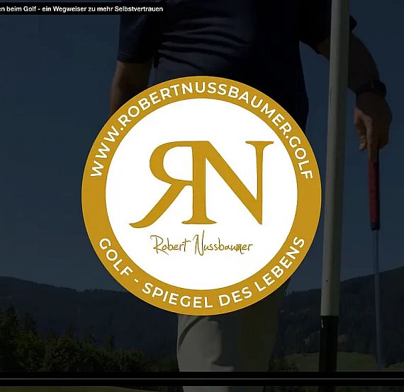 Logo showing a gold circle with initials 'RN' for a golf brand, with mountain scenery and a person holding a golf flag in the background.