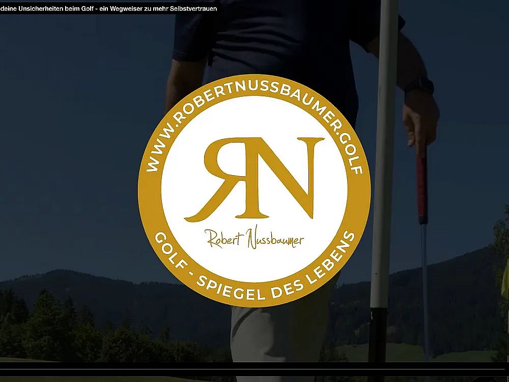 Logo showing a gold circle with initials 'RN' for a golf brand, with mountain scenery and a person holding a golf flag in the background.