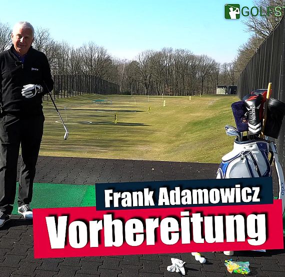 A man stands on a golf practice mat with clubs; trees and a course in the background. Text overlays: 'Frank Adamowicz' and 'Vorbereitung'."