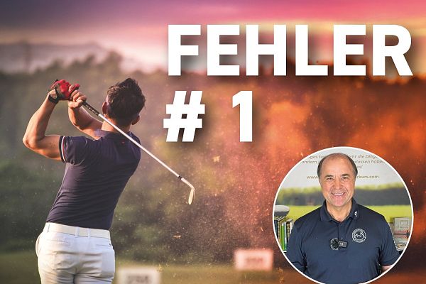Ein Golfer bei einem Abschlag vor einem farbenfrohen Sonnenuntergang. Daneben ein Porträt eines lächelnden Mannes und die Aufschrift "Fehler #1".