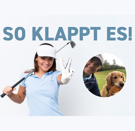 Eine Frau in Golfkleidung hält einen Schläger und zeigt ein Peace-Zeichen. Daneben ist ein rundes Bild von einem Mann mit einem Hund. "So klappt es!" steht im Hintergrund.