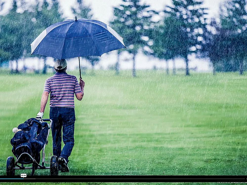 Golfer with umbrella on a rainy course, pulling a golf bag, with trees in the distance, creating a serene yet wet scene.