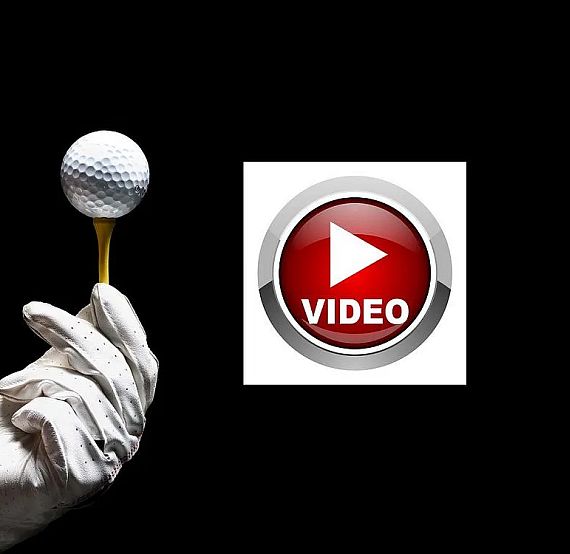 A gloved hand holds a golf ball on a tee against a black background, beside a red play button with the word 'VIDEO'. Perfect for golf tutorials.