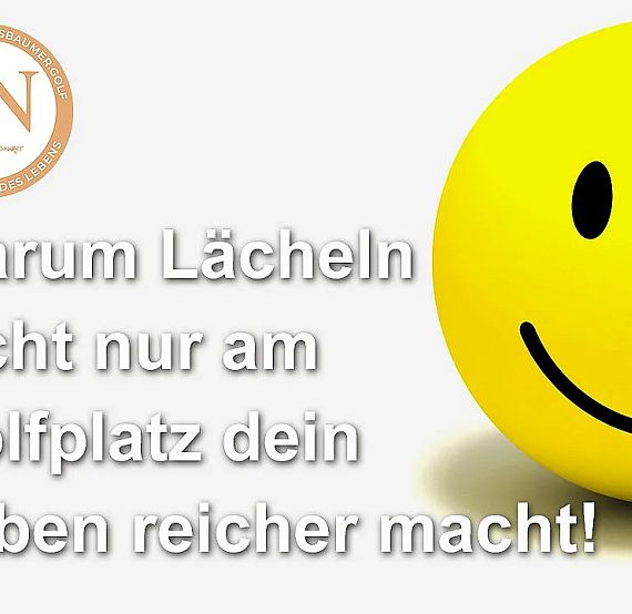 A large yellow smiley face on the right with a text on the left about the benefits of smiling beyond the golf course.