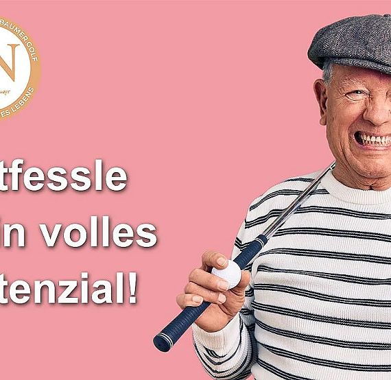Elderly man in a striped shirt and cap holding a golf club, smiling. Motivational text beside him. Background is pink. Image promotes empowerment.