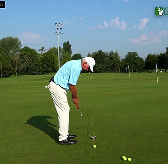Man in light blue shirt and white pants practices golf putting on a green. Golf balls and a blue flag are visible, with trees and clear sky in the background.