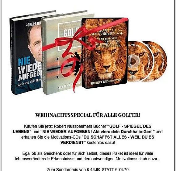 A Christmas-themed promotional image showing golf motivational books and CDs with a lion and red ribbon.