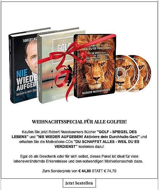 A Christmas-themed promotional image showing golf motivational books and CDs with a lion and red ribbon.