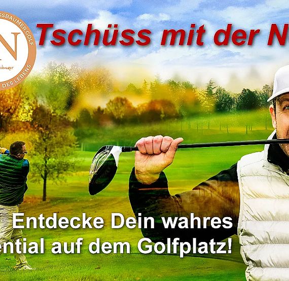 A golfer swings on a vibrant green course while another person smiles with a golf club in their mouth. The image has motivational text about golf potential.
