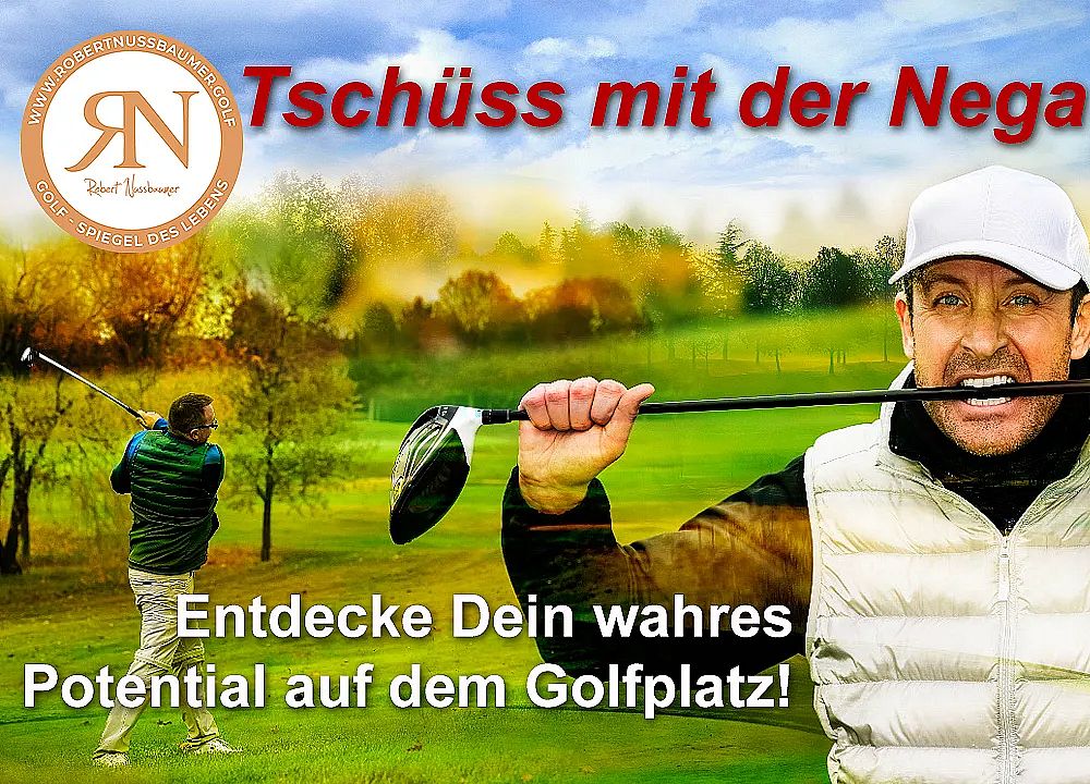 A golfer swings on a vibrant green course while another person smiles with a golf club in their mouth. The image has motivational text about golf potential.