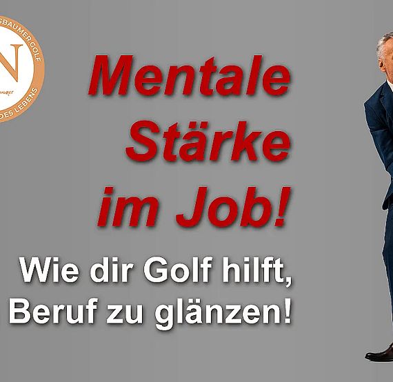 A well-dressed man swings a golf club, promoting mental strength in work through golf. Text emphasizes enhancing job performance with golfing skills.