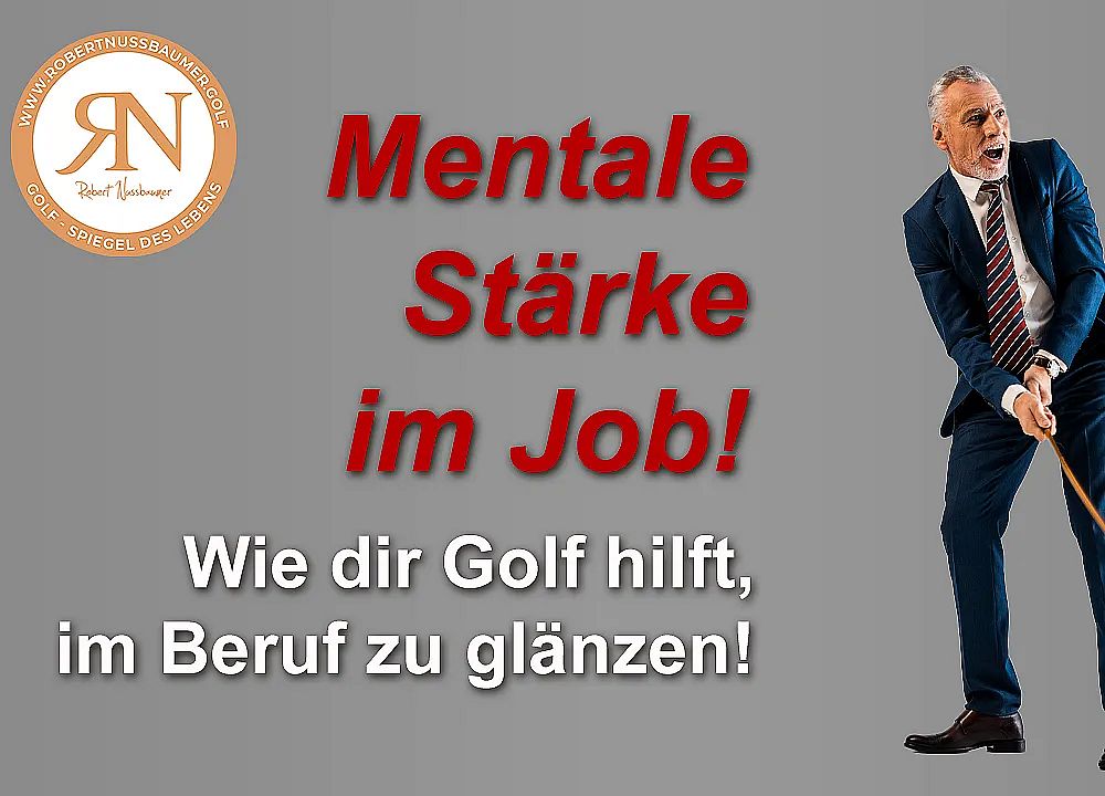 A well-dressed man swings a golf club, promoting mental strength in work through golf. Text emphasizes enhancing job performance with golfing skills.