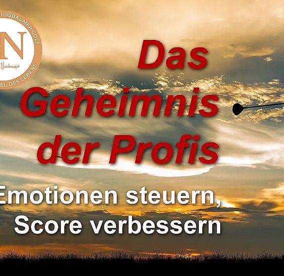 Golf silhouette against sunset, text reads: 'The Secret of the Pros. Control emotions, improve score.'