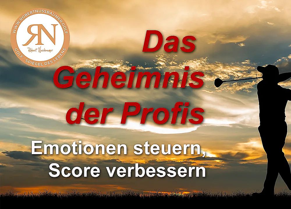 Golf silhouette against sunset, text reads: 'The Secret of the Pros. Control emotions, improve score.'