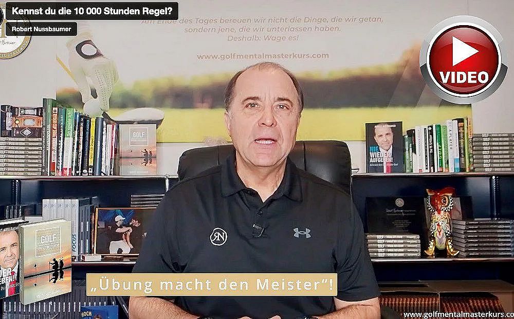 A person speaks about the 10,000 hours rule in an office with bookshelves and a large play button, indicating the image is from a video.