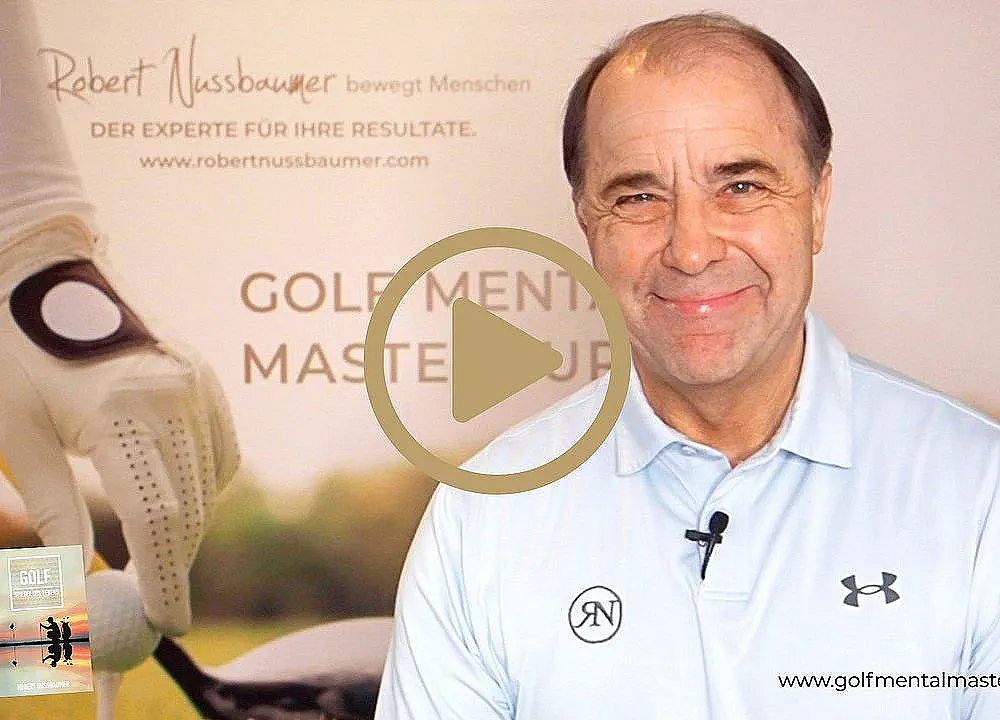 Man in white polo shirt smiling, with golf-themed backdrop featuring glove and club. Text on wall hints at mental mastery in golf.