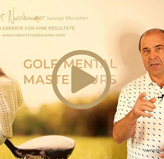 A man gestures before a golf course backdrop, promoting a mental mastery course in golf.