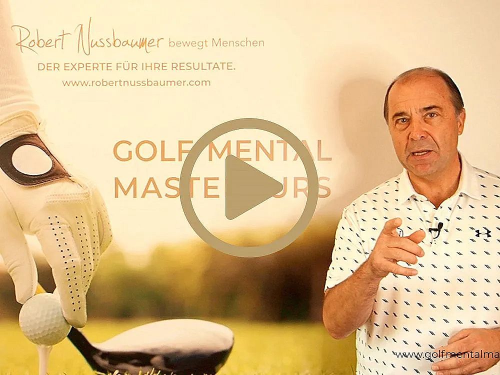 A man gestures before a golf course backdrop, promoting a mental mastery course in golf.