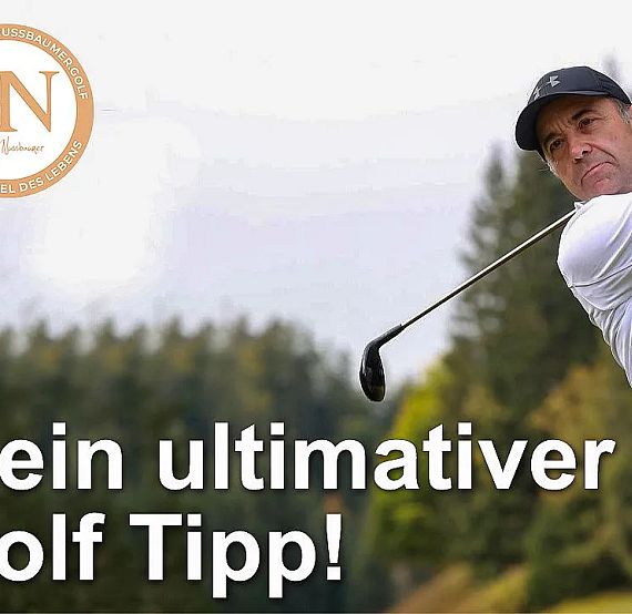 A golfer swings a club against a backdrop of trees and cloudy sky, with text promoting a golf tip. The golfer wears a white shirt and black cap.