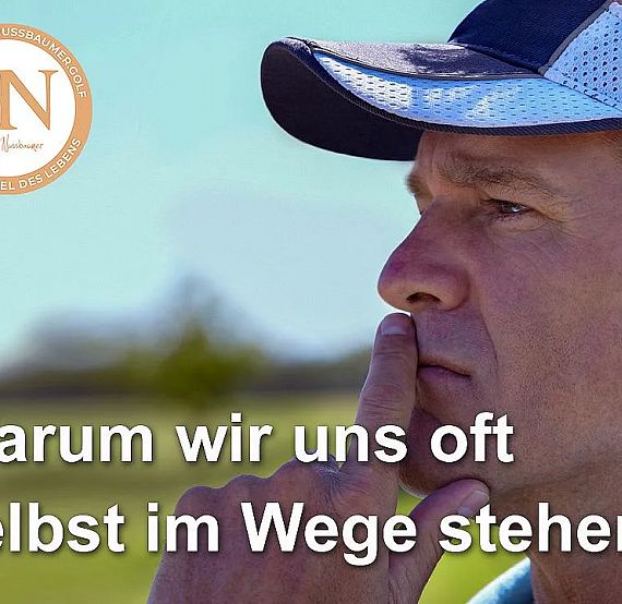 A man with a cap contemplates while touching his chin, with text overlay about self-obstruction, set against a sunny outdoor backdrop.