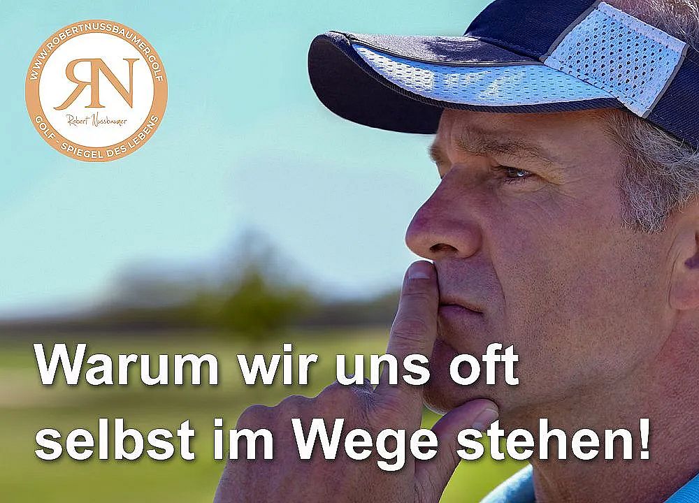 A man with a cap contemplates while touching his chin, with text overlay about self-obstruction, set against a sunny outdoor backdrop.