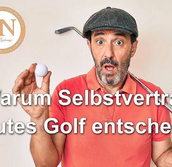 Man in golf attire holding a golf ball and club, looking surprised, conveying confidence in golf. Text on image about self-confidence and golf performance.
