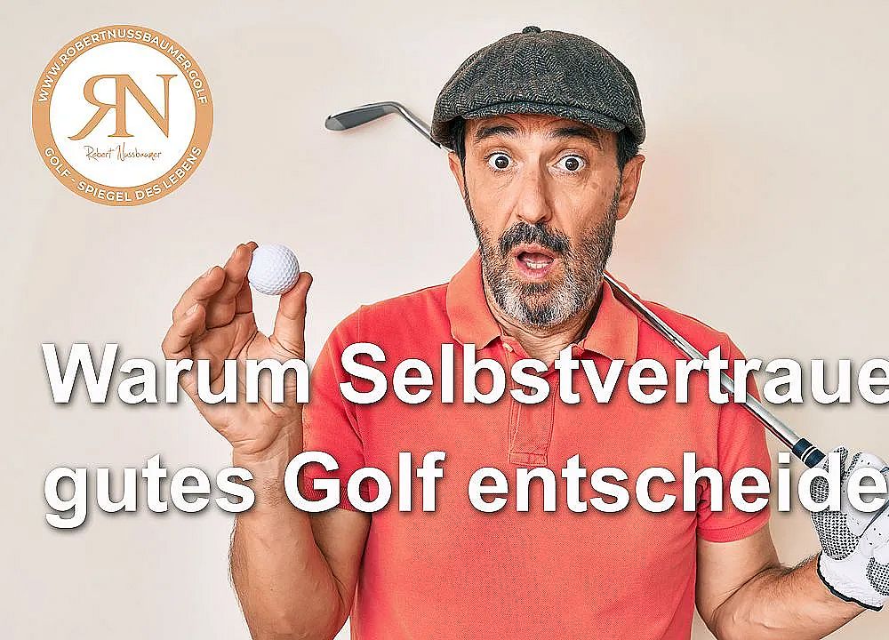 Man in golf attire holding a golf ball and club, looking surprised, conveying confidence in golf. Text on image about self-confidence and golf performance.