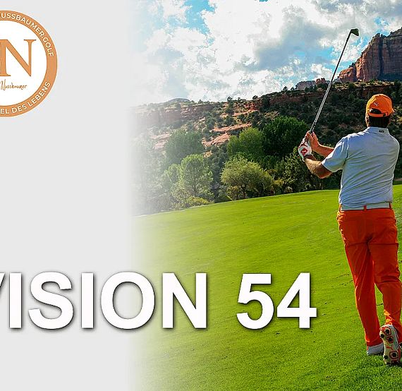 Golfer in orange pants swings club on green course with mountains.
