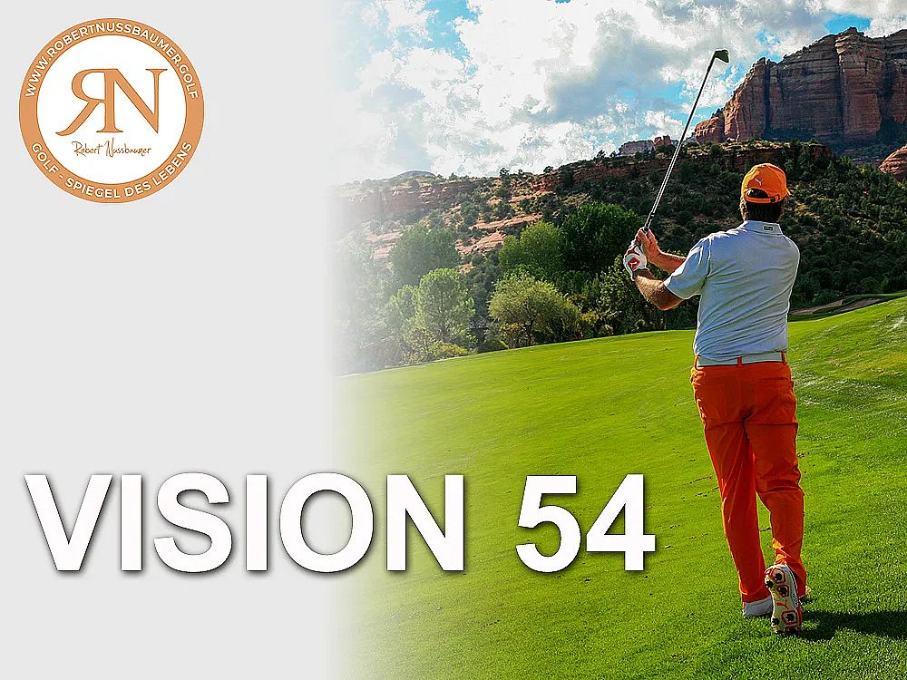 Golfer in orange pants swings club on green course with mountains.