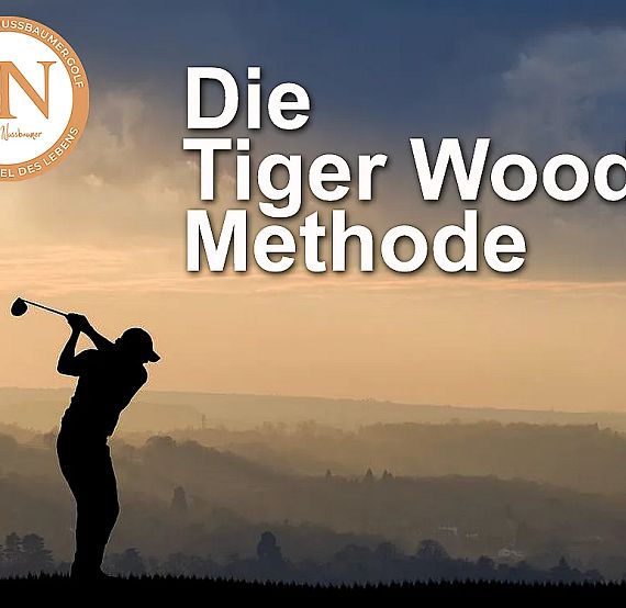 Silhouette of a golfer swinging at sunset with the words "Die Tiger Woods Methode" overlaid, indicating a golf strategy or training guide theme.