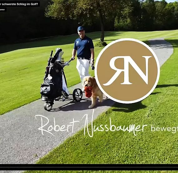 Golfer on a sunny course pathway with a golf cart and a dog, featuring a logo and text overlay about Robert Nussbaumer.