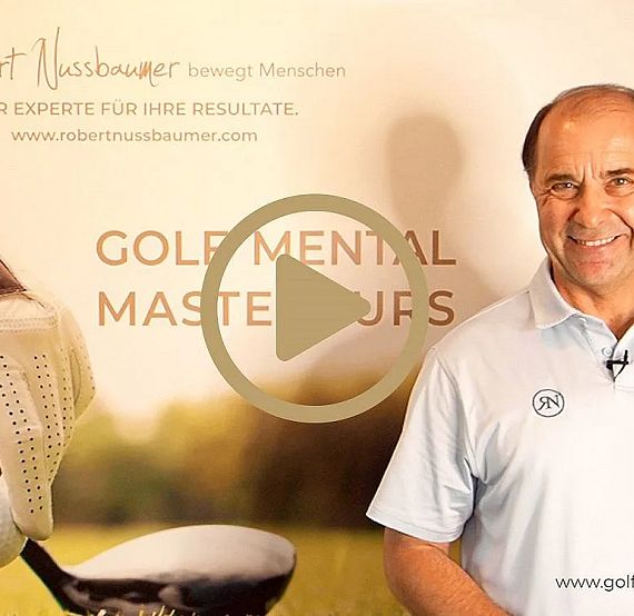 A man in a golf outfit smiles in front of a banner with text about golf mental mastery. There's an image of a hand holding a golf ball next to him.