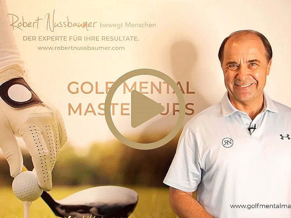 A man in a golf outfit smiles in front of a banner with text about golf mental mastery. There's an image of a hand holding a golf ball next to him.