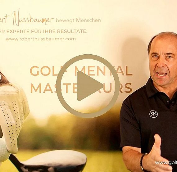 A man in a black shirt gestures in front of a sign for a mental golf course with a glove and golf ball image. Text highlights expertise in achieving results.