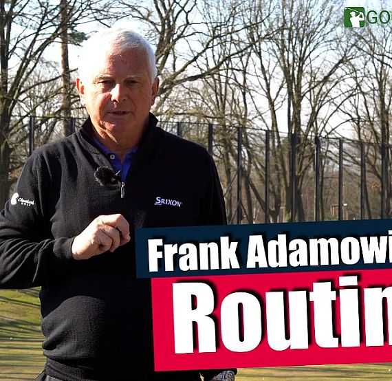 A person in a golf course setting, introducing a routine guide, with trees in the background and logos visible.