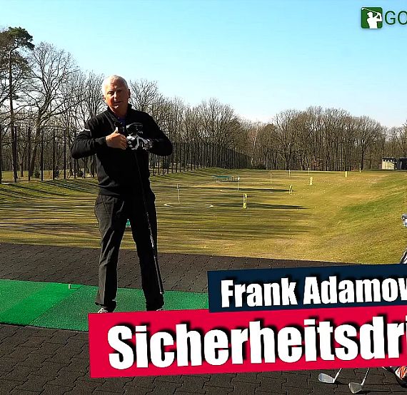 A person instructing on a golf driving range, with grass and trees in the background, golf clubs in a bag, and safety techniques highlighted.